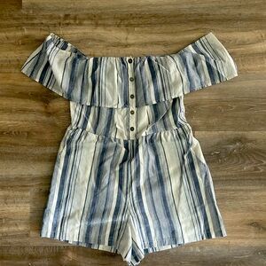 Angie Off-Shoulder, Button-Up Romper with Pockets